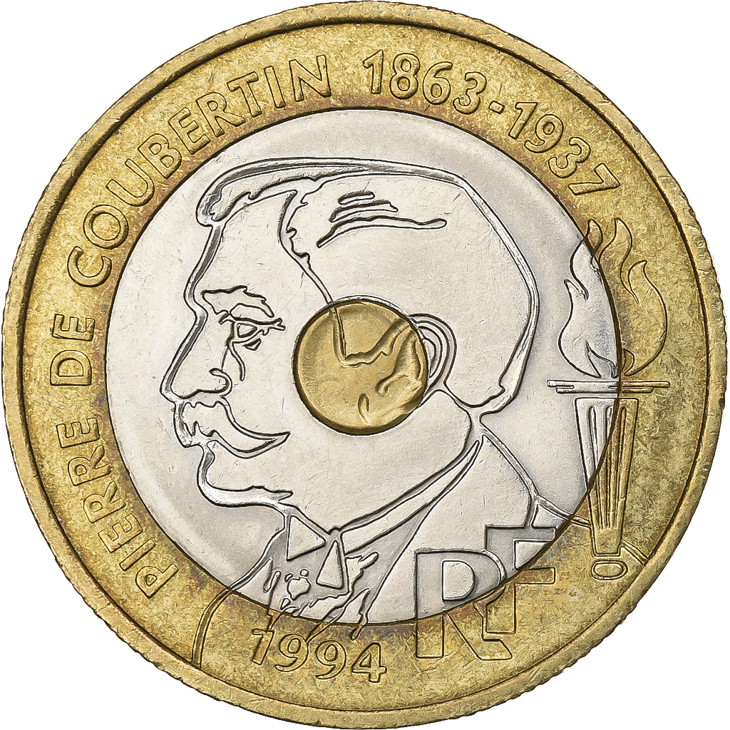 France, 20 Francs, Pierre de Coubertin, 1994, Paris, Tri-Metallic, 