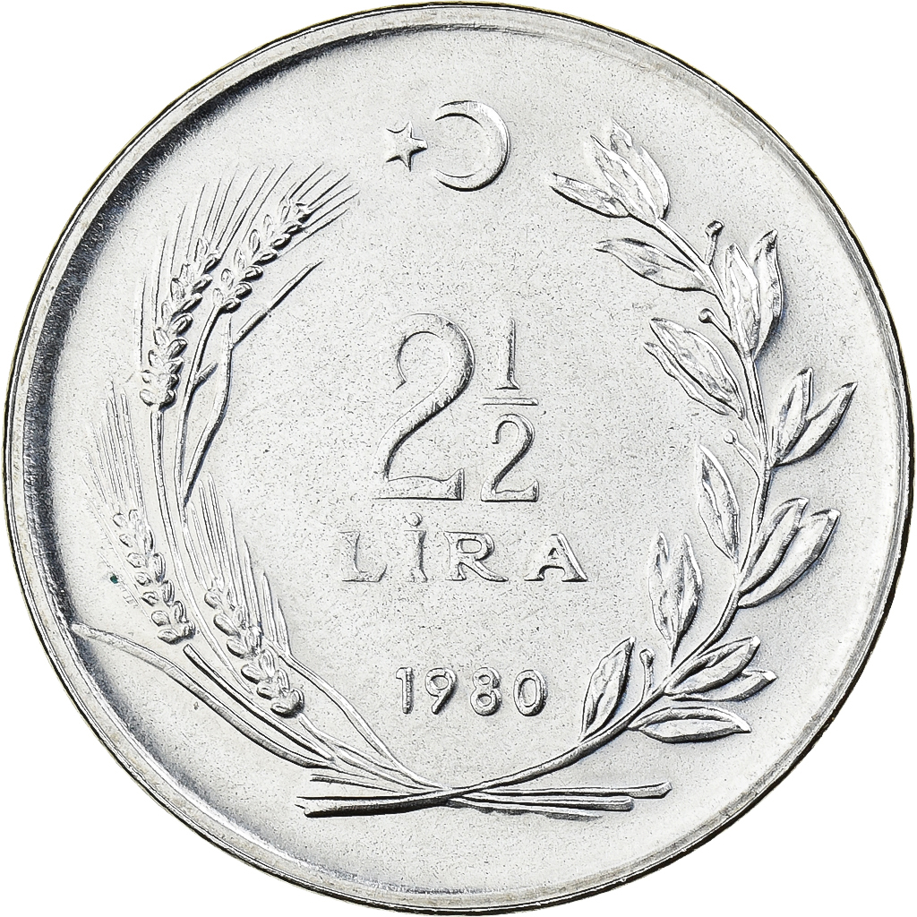 Turkey, 2-1/2 Lira, 1980, Istanbul, Stainless Steel, , KM:938