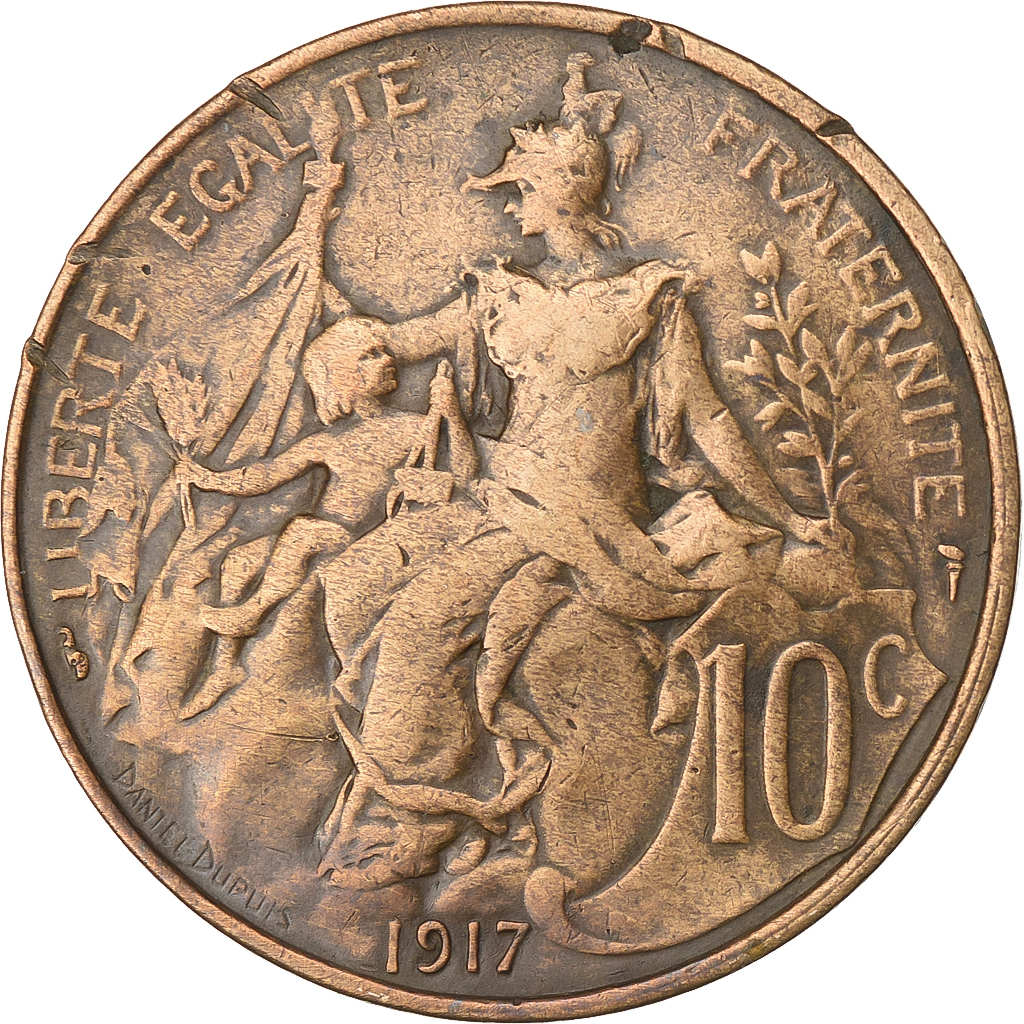 France, 10 Centimes, Dupuis, 1917, Paris, Bronze, , Gadoury:277, KM:843