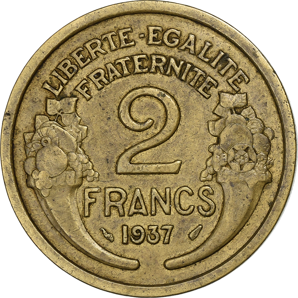 France, 2 Francs, Morlon, 1937, Paris, Aluminum-Bronze, EF, Gadoury:535