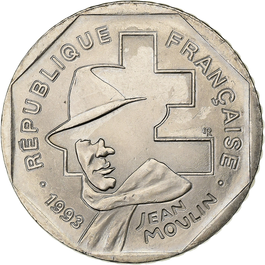 Frankrijk, 2 Francs, Jean Moulin, 1993, Paris, Nickel, PR, Gadoury:548, KM:1062