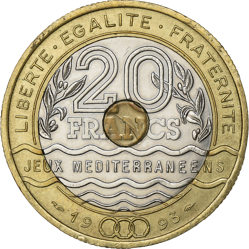 France, 20 Francs, Jeux Méditerranéens, 1993, Paris, Tri-Metallic, 