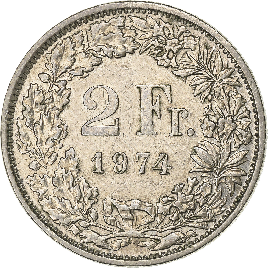 Switzerland, 2 Francs, 1974, Bern, Copper-nickel, , KM:21a.1