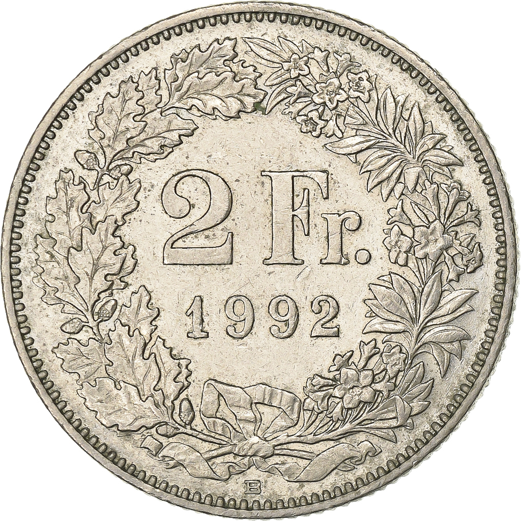 Switzerland, 2 Francs, 1992, Bern, Copper-nickel, , KM:21a.3