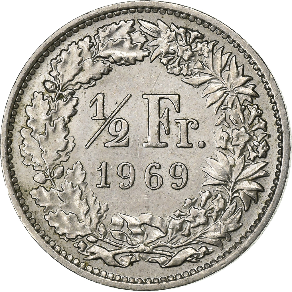Switzerland, 1/2 Franc, 1969, Bern, Copper-nickel, , KM:23a.1