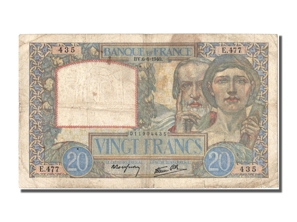 Banknote, France, 20 Francs, 20 F 1939-1942 ''Science et Travail'', 1940