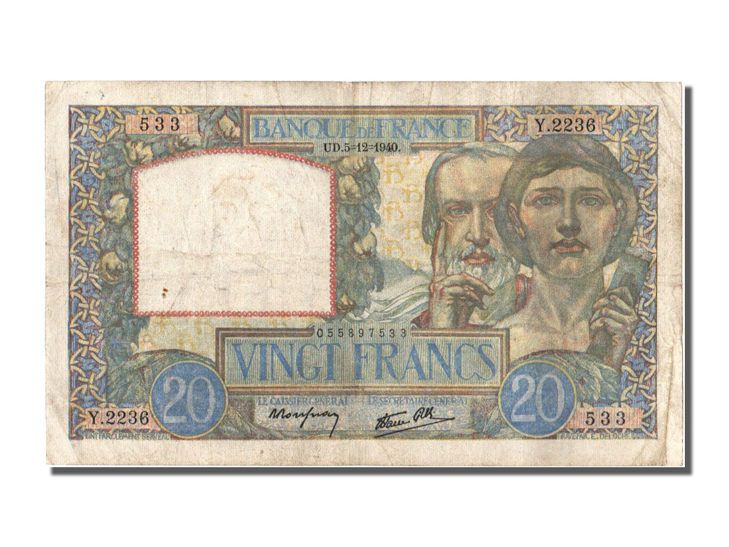 Banknote, France, 20 Francs, 20 F 1939-1942 ''Science et Travail'', 1940