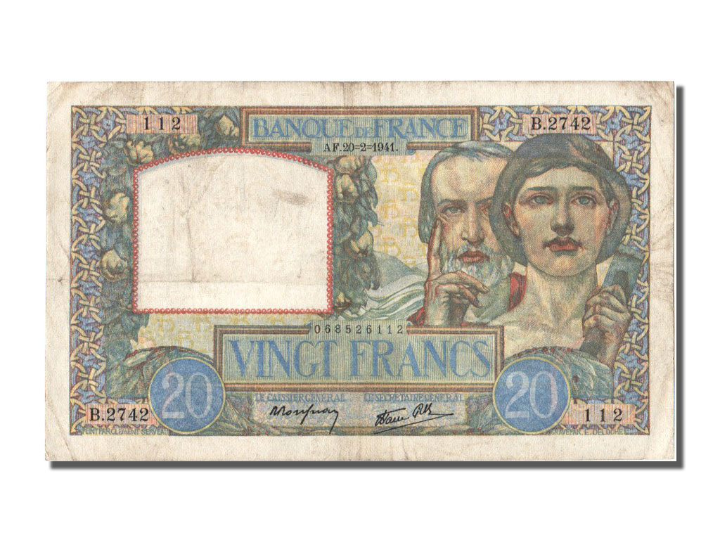 Banknote, France, 20 Francs, 20 F 1939-1942 ''Science et Travail'', 1941