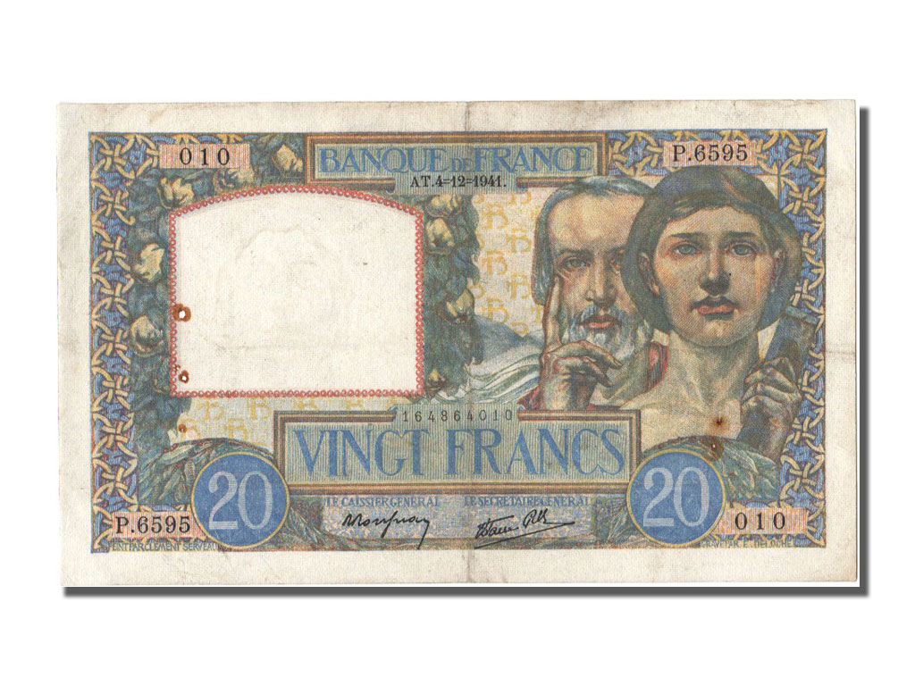 Banknote, France, 20 Francs, 20 F 1939-1942 ''Science et Travail'', 1941