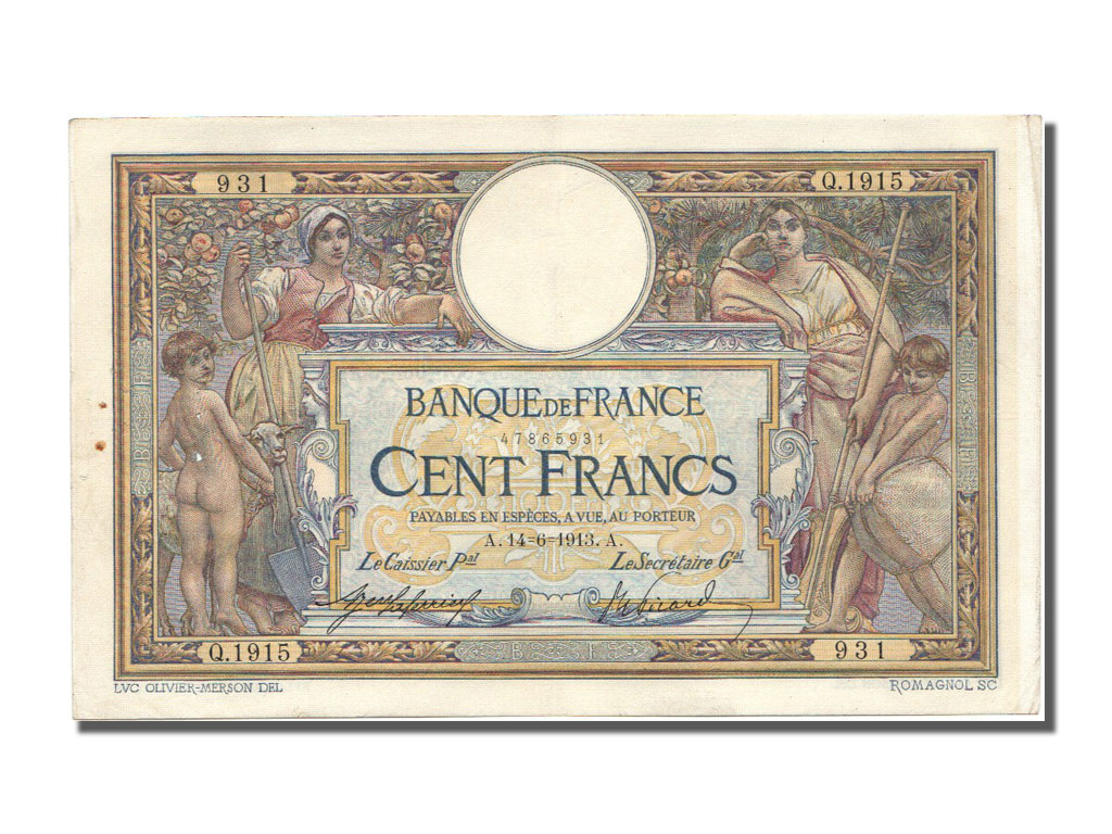 Biljet, Frankrijk, 100 Francs, 100 F 1908-1939 ''Luc Olivier Merson'', 1913