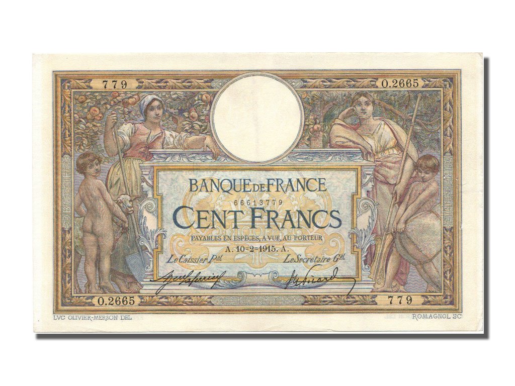Banknote, France, 100 Francs, 100 F 1908-1939 ''Luc Olivier Merson'', 1915