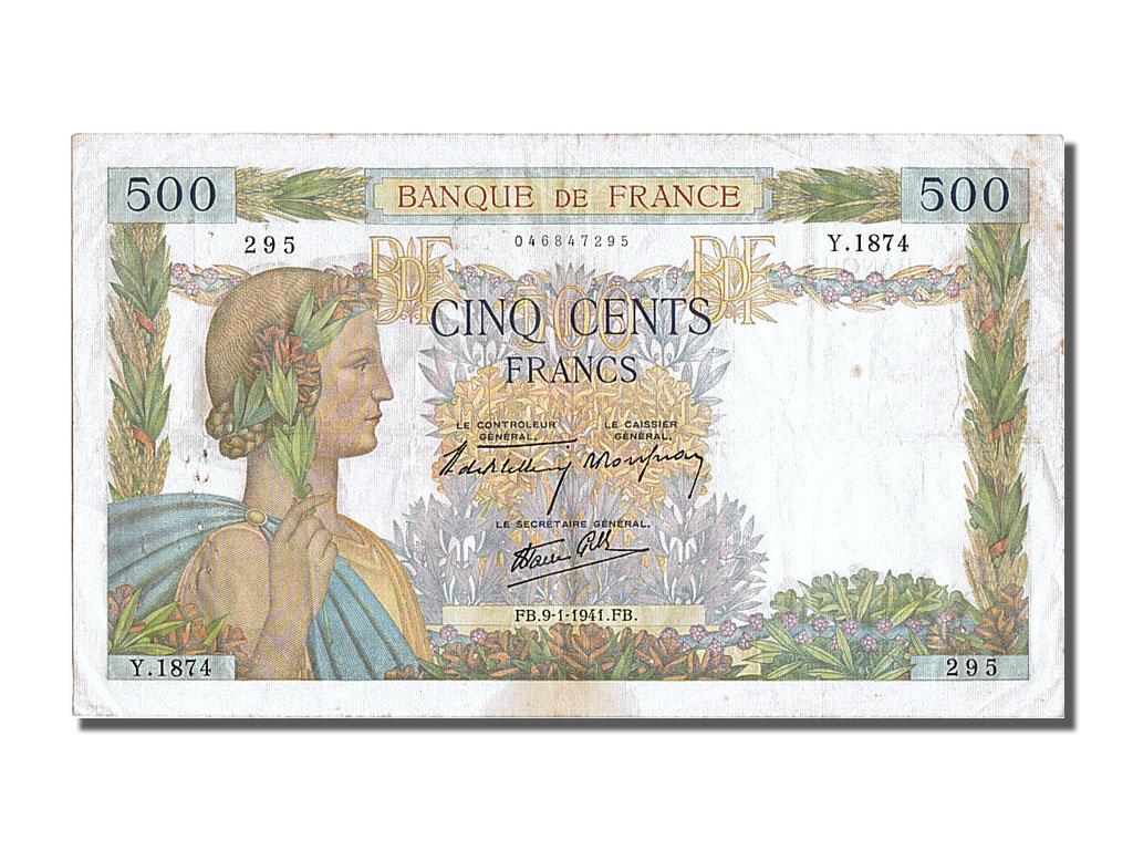 Banknote, France, 500 Francs, 500 F 1940-1944 ''La Paix'', 1941, 1941-01-09