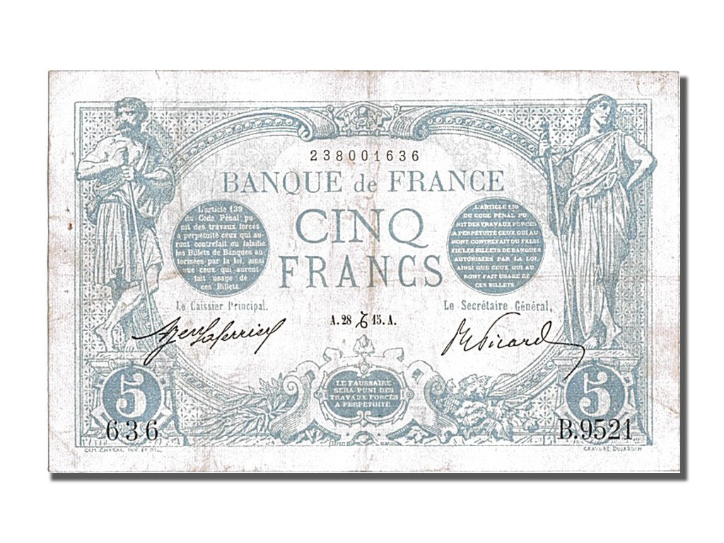 Banknote, France, 5 Francs, 5 F 1912-1917 ''Bleu'', 1915, 1915-12-28, AU
