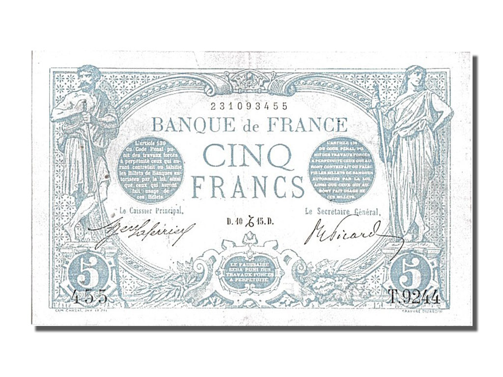 Banknote, France, 5 Francs, 5 F 1912-1917 ''Bleu'', 1915, 1915-12-10