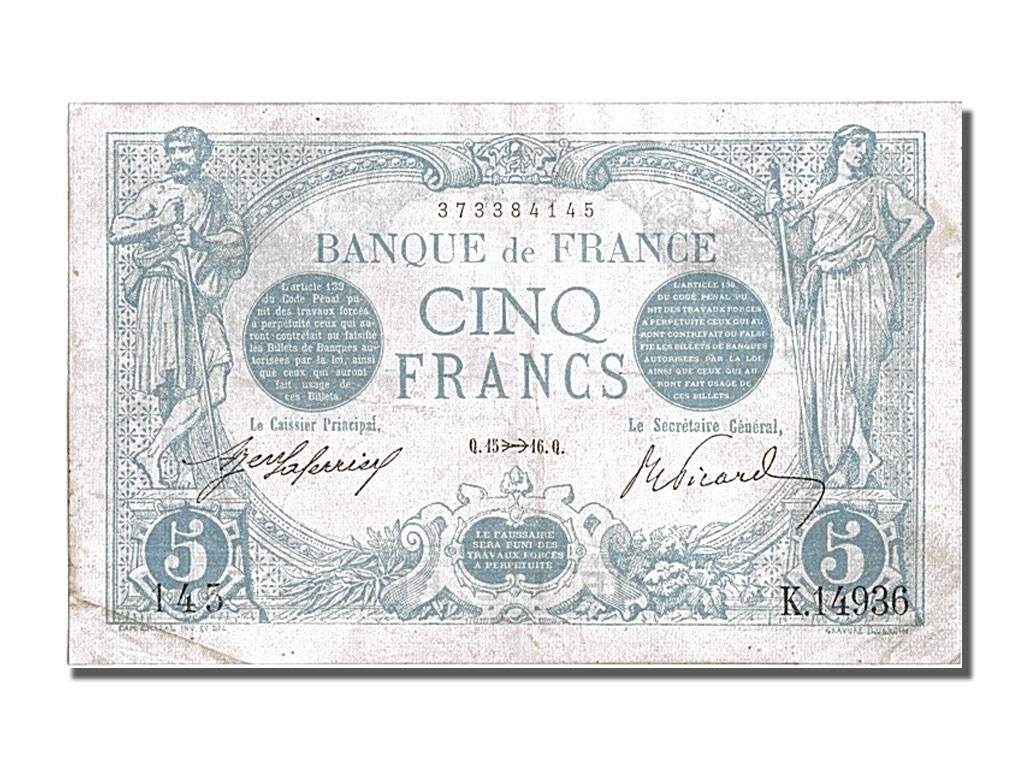 Banknote, France, 5 Francs, 5 F 1912-1917 ''Bleu'', 1916, 1916-11-15, EF(40-45)