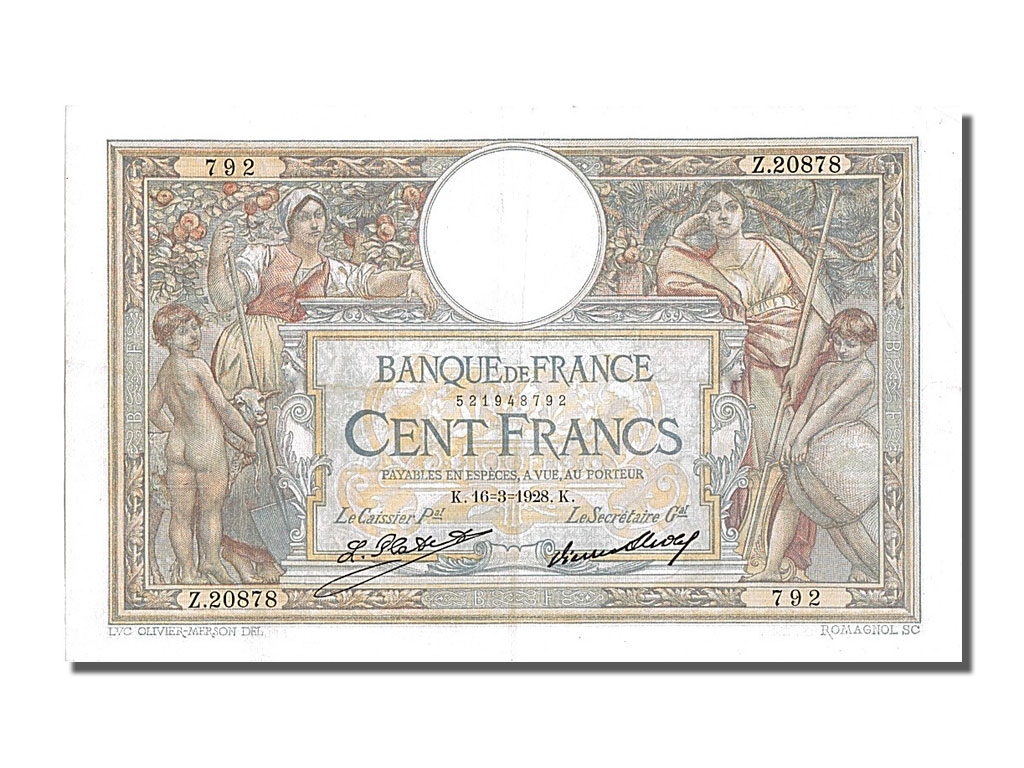Biljet, Frankrijk, 100 Francs, 100 F 1908-1939 ''Luc Olivier Merson'', 1928