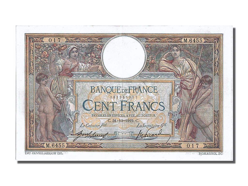Banknote, France, 100 Francs, 100 F 1908-1939 ''Luc Olivier Merson'', 1919