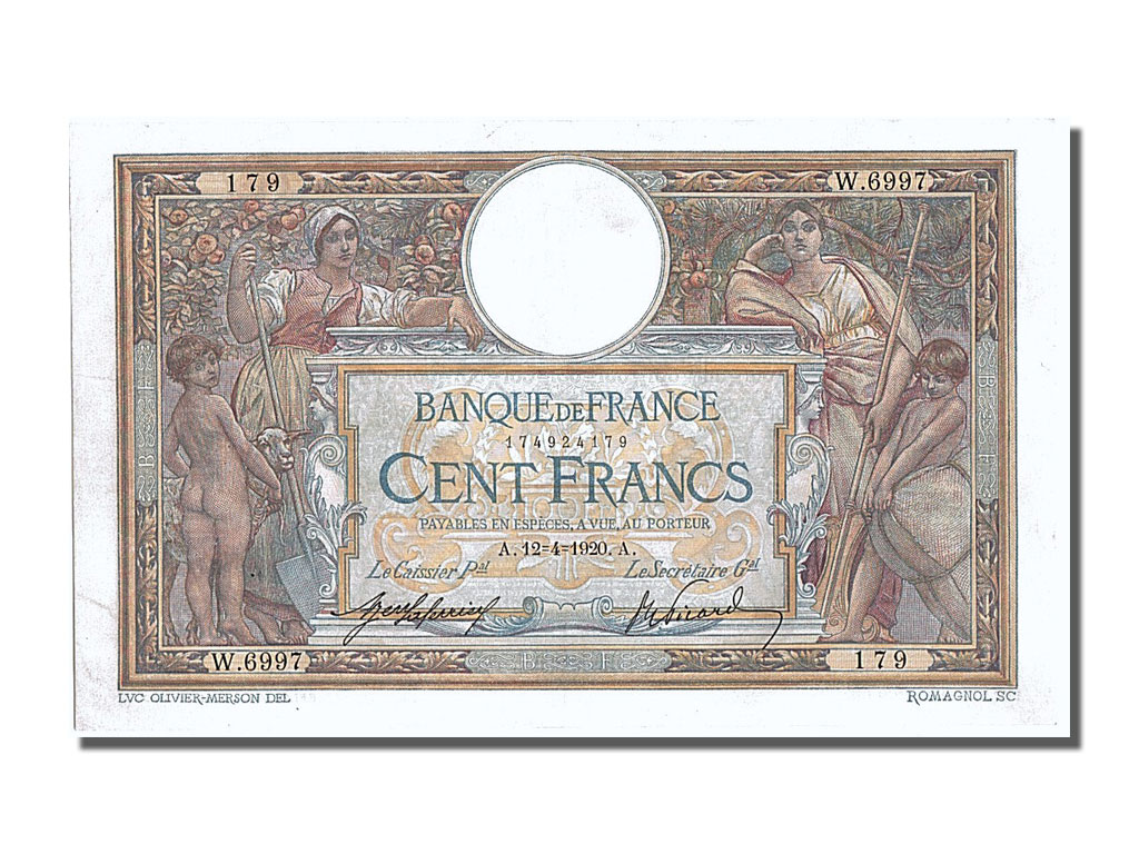 Biljet, Frankrijk, 100 Francs, 100 F 1908-1939 ''Luc Olivier Merson'', 1920