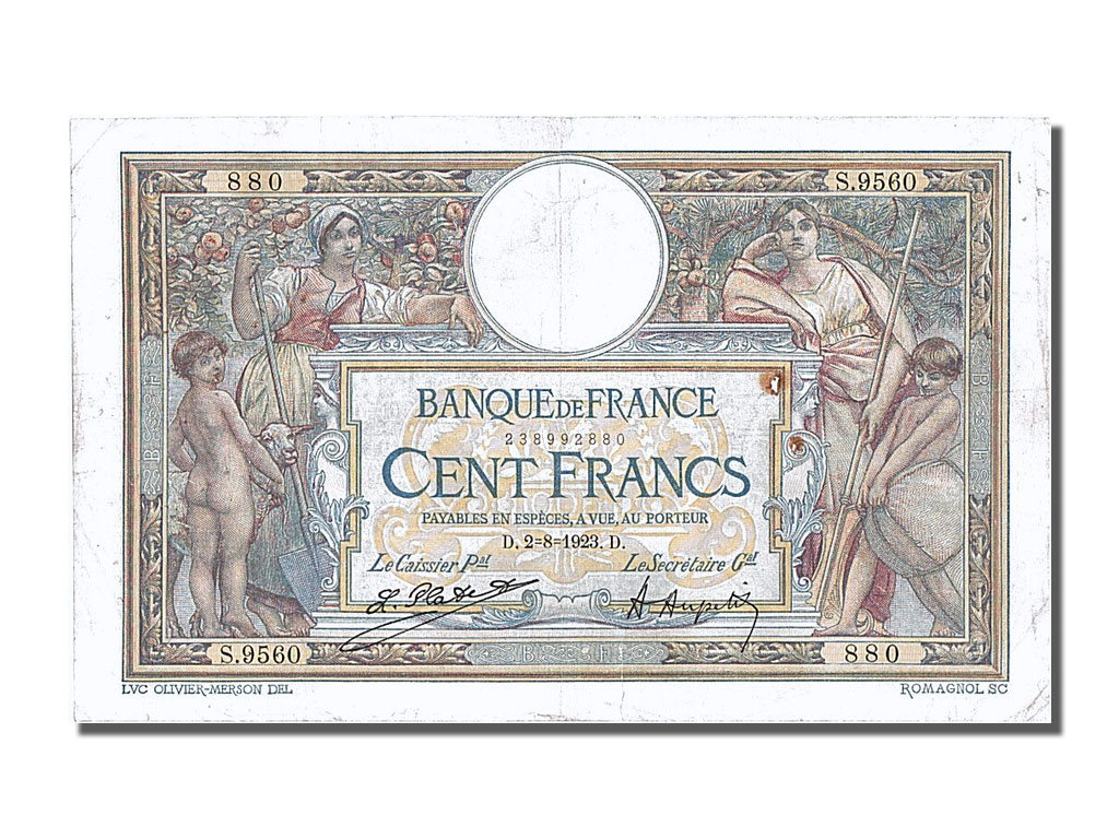 Banknote, France, 100 Francs, 100 F 1908-1939 ''Luc Olivier Merson'', 1923