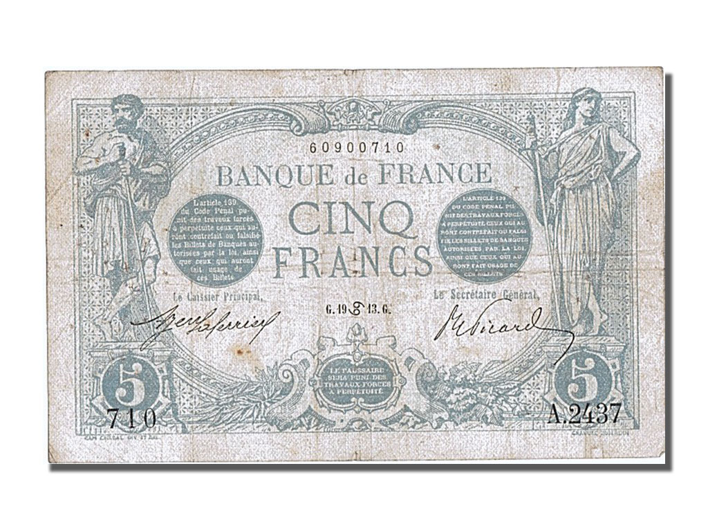 Banknote, France, 5 Francs, 5 F 1912-1917 ''Bleu'', 1913, 1913-06-19, EF(40-45)