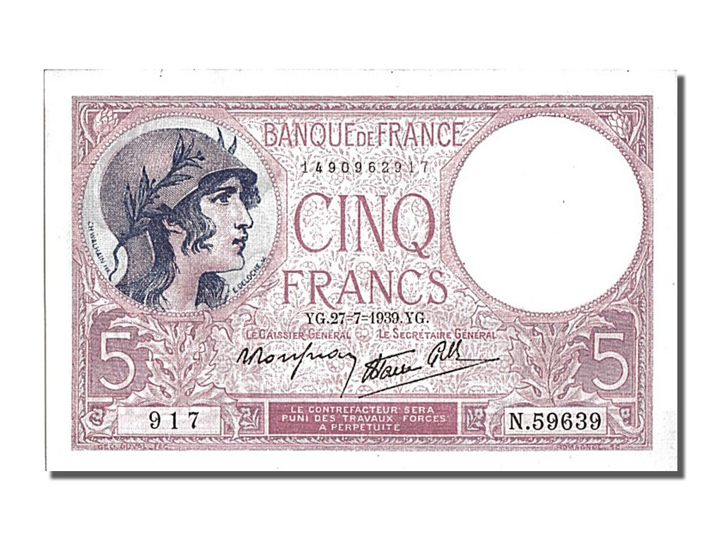 Banknote, France, 5 Francs, 5 F 1917-1940 ''Violet'', 1939, 1939-07-27