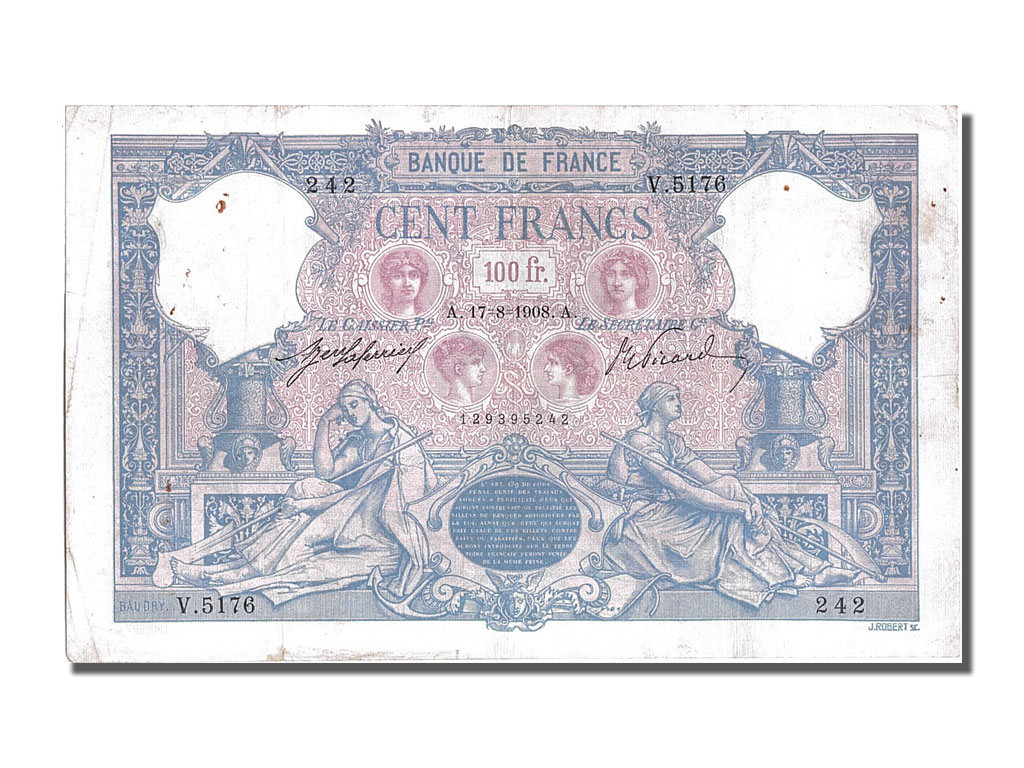 Biljet, Frankrijk, 100 Francs, 100 F 1888-1909 ''Bleu et Rose'', 1908