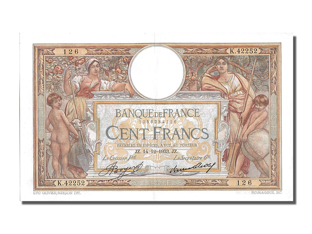 Biljet, Frankrijk, 100 Francs, 100 F 1908-1939 ''Luc Olivier Merson'', 1933