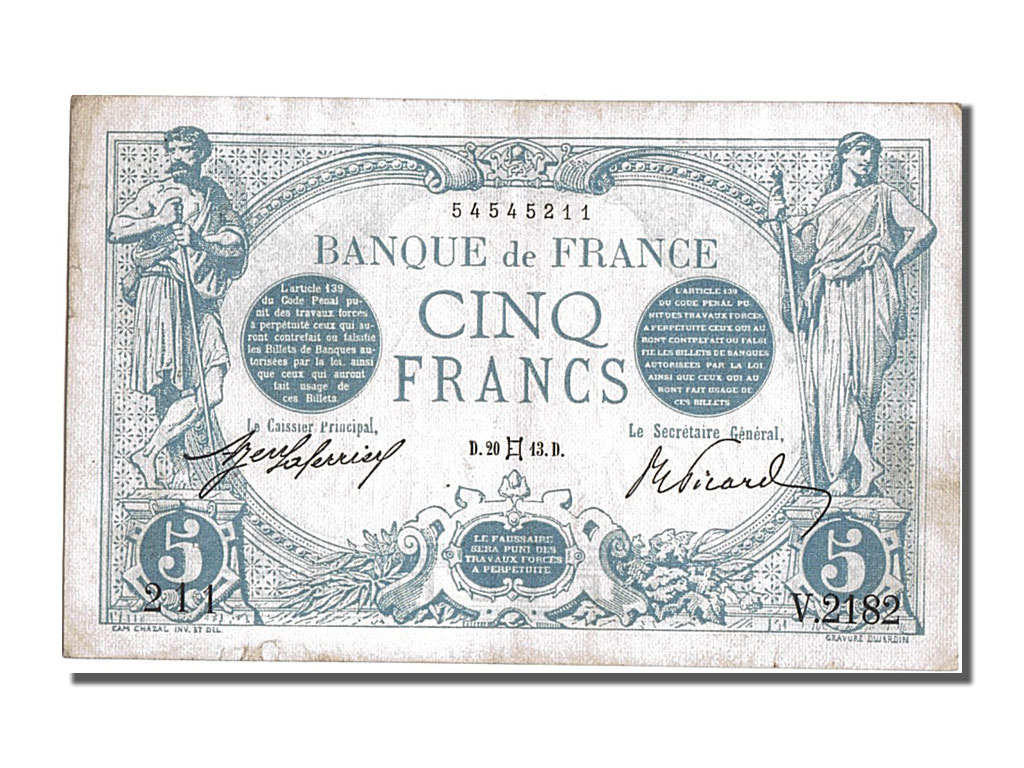 Banknote, France, 5 Francs, 5 F 1912-1917 ''Bleu'', 1913, 1913-05-20, AU(50-53)