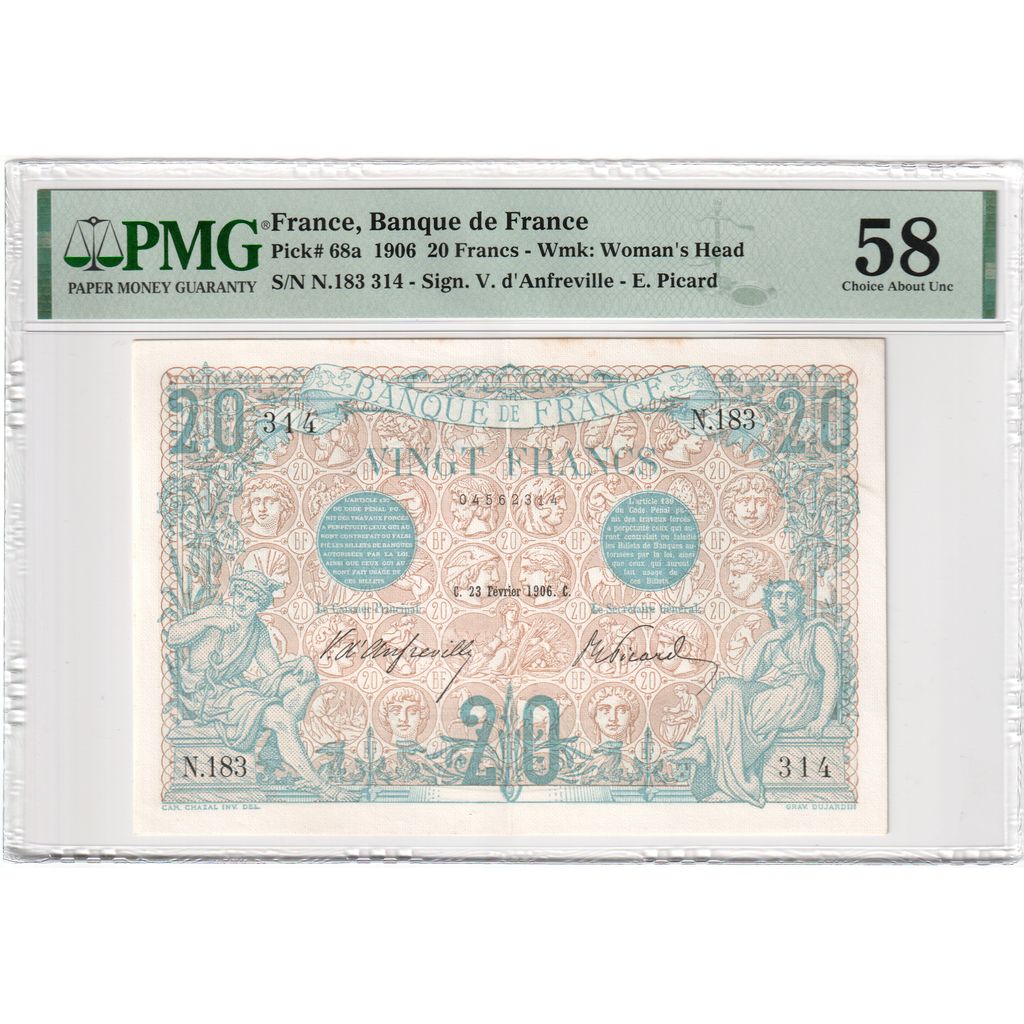 France, 20 Francs, Bleu, 1906-02-23, N.183, AU 58, PMG