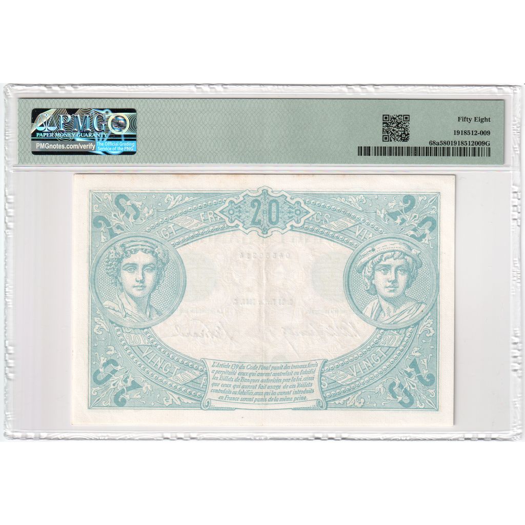 France, 20 Francs, Bleu, 1906-02-23, N.183, AU 58, PMG