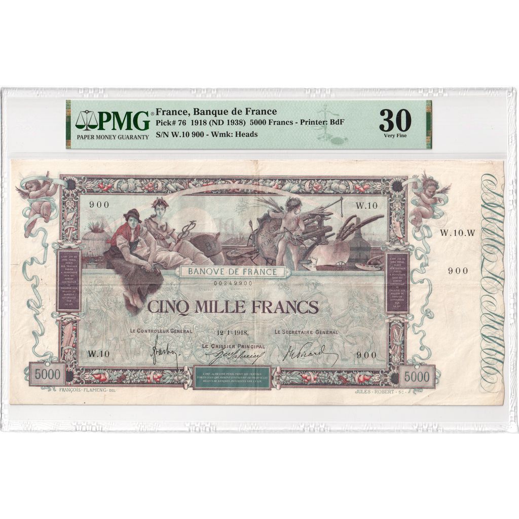 France, 5000 Francs, Flameng, 1918-01-12, W.10, VF 30, PMG