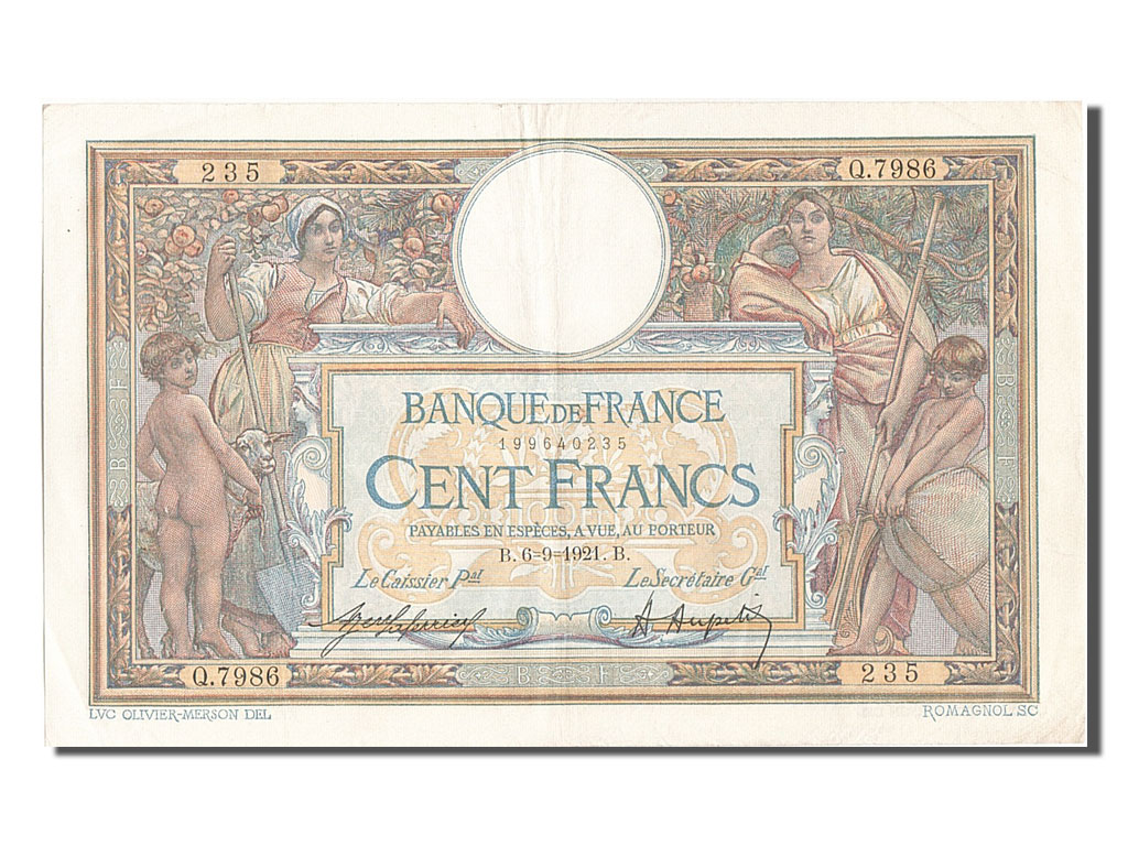 Biljet, Frankrijk, 100 Francs, 100 F 1908-1939 ''Luc Olivier Merson'', 1921