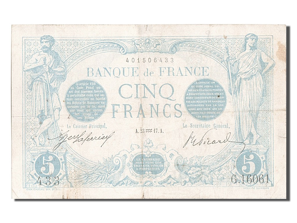 France, 5 Francs, Bleu, 1917, G.16061, EF(40-45), Fayette:02.47, KM:70