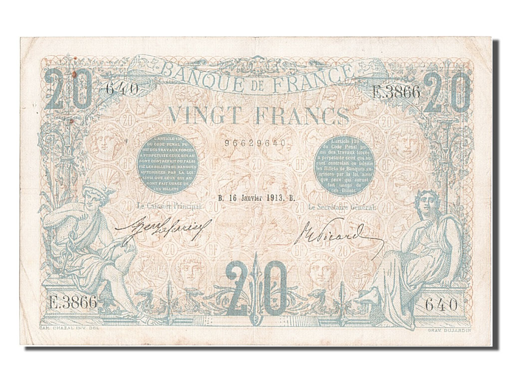 Banknote, France, 20 Francs, 20 F 1905-1913 ''Bleu'', 1913, 1913-01-16