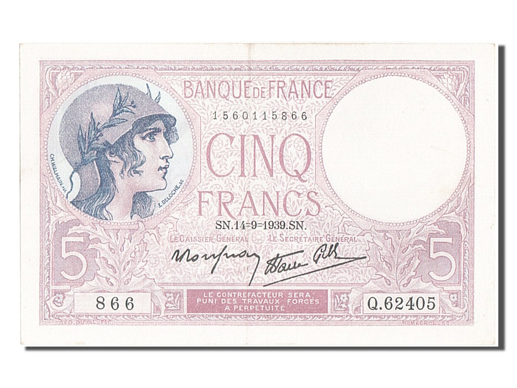 Banknote, France, 5 Francs, 5 F 1917-1940 ''Violet'', 1939, 1939-09-14, UNC(63)