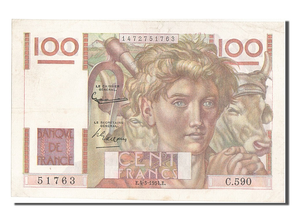 Biljet, Frankrijk, 100 Francs, 100 F 1945-1954 ''Jeune Paysan'', 1954