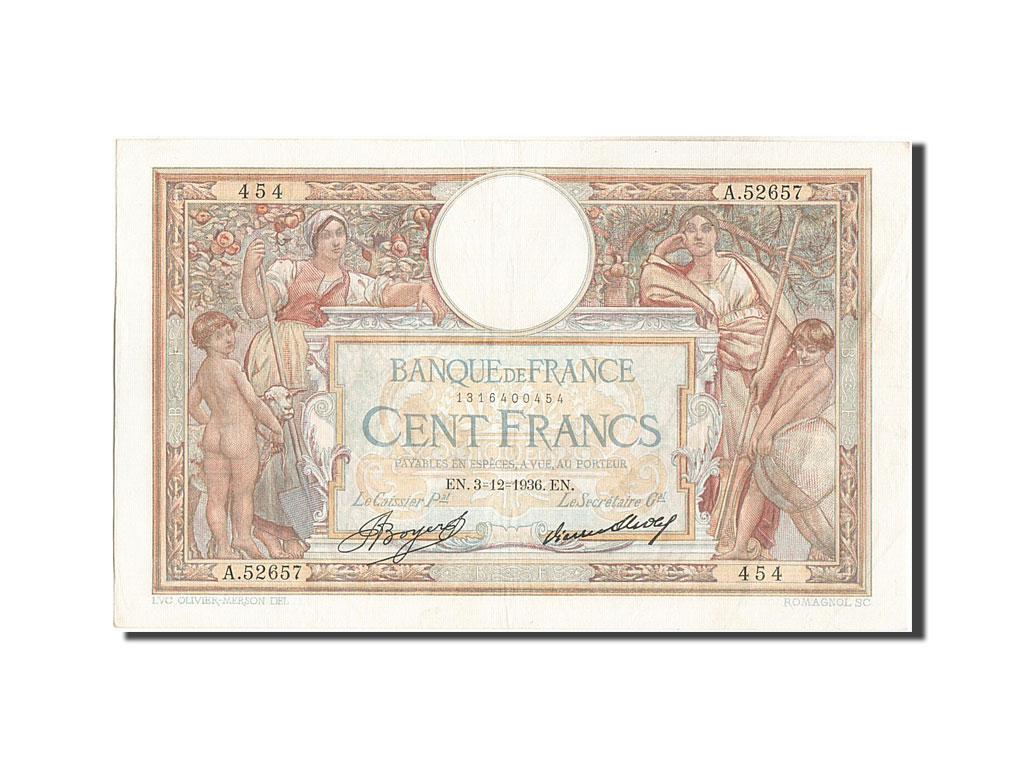 Banknote, France, 100 Francs, 100 F 1908-1939 ''Luc Olivier Merson'', 1936