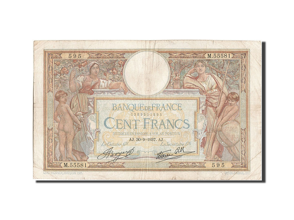 Banknote, France, 100 Francs, 100 F 1908-1939 ''Luc Olivier Merson'', 1937
