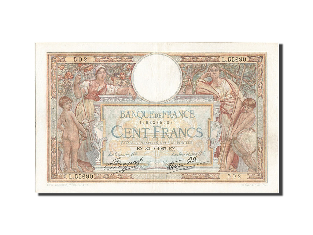 Banknote, France, 100 Francs, 100 F 1908-1939 ''Luc Olivier Merson'', 1937
