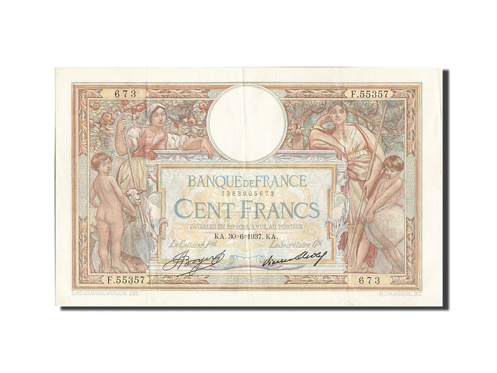 Banknote, France, 100 Francs, 100 F 1908-1939 ''Luc Olivier Merson'', 1937