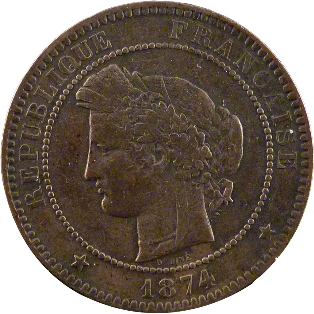 Coin, France, Cérès, 10 Centimes, 1874, Bordeaux, , Bronze
