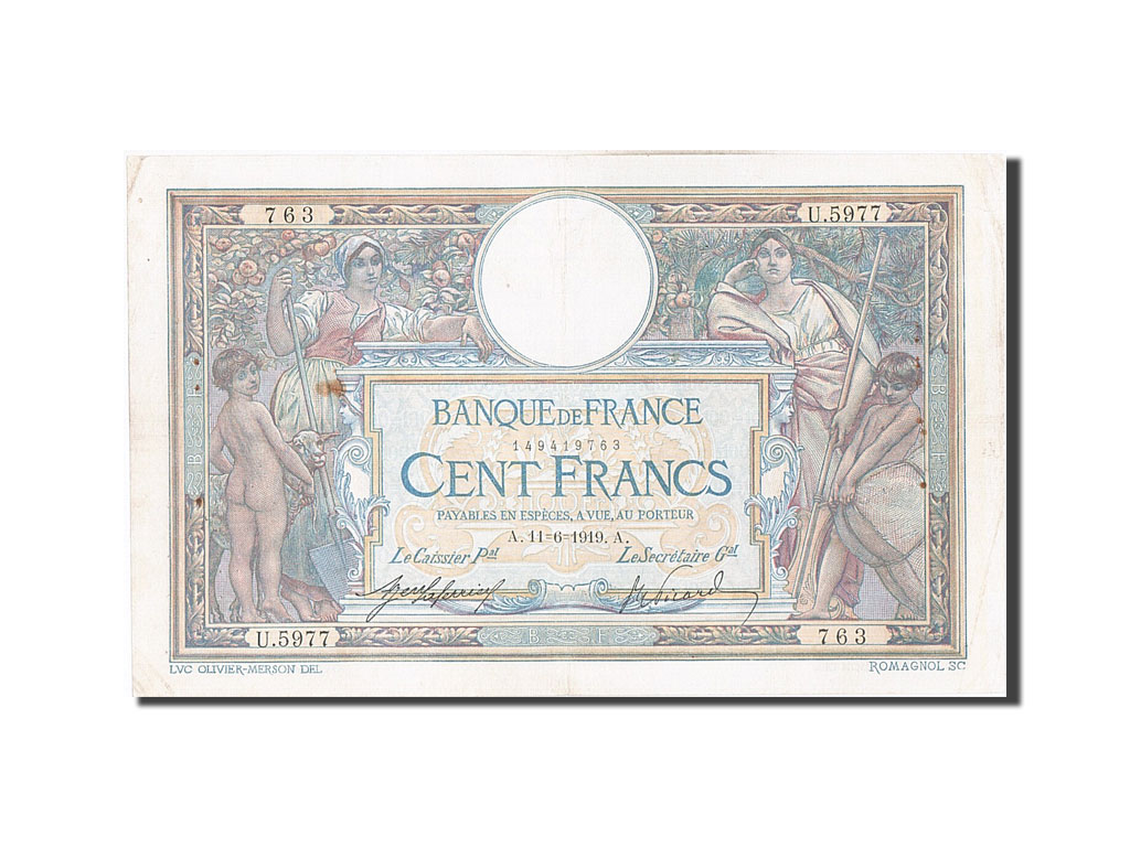Banknote, France, 100 Francs, 100 F 1908-1939 ''Luc Olivier Merson'', 1919