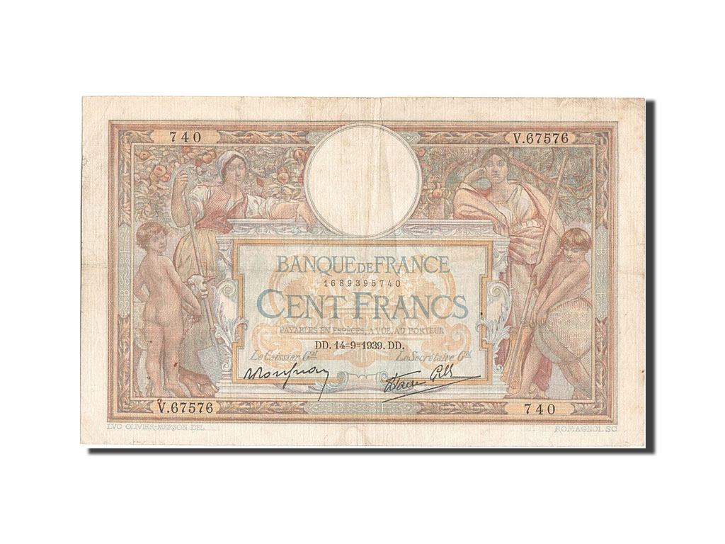 Banknote, France, 100 Francs, 100 F 1908-1939 ''Luc Olivier Merson'', 1939