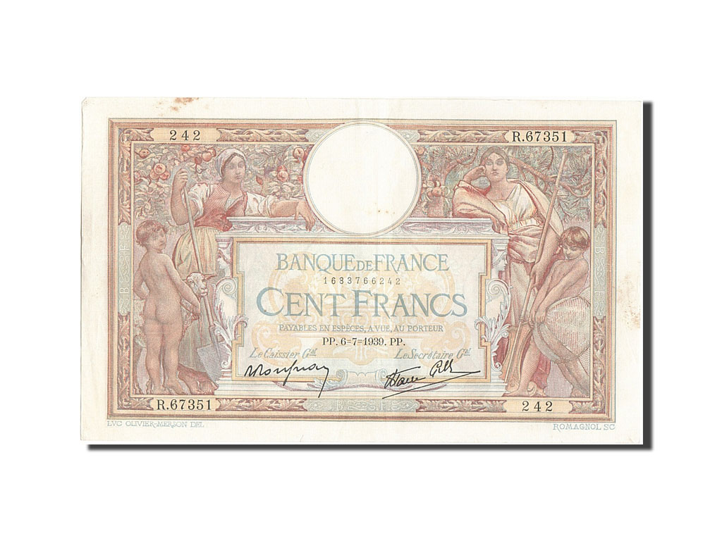 Banknote, France, 100 Francs, 100 F 1908-1939 ''Luc Olivier Merson'', 1939