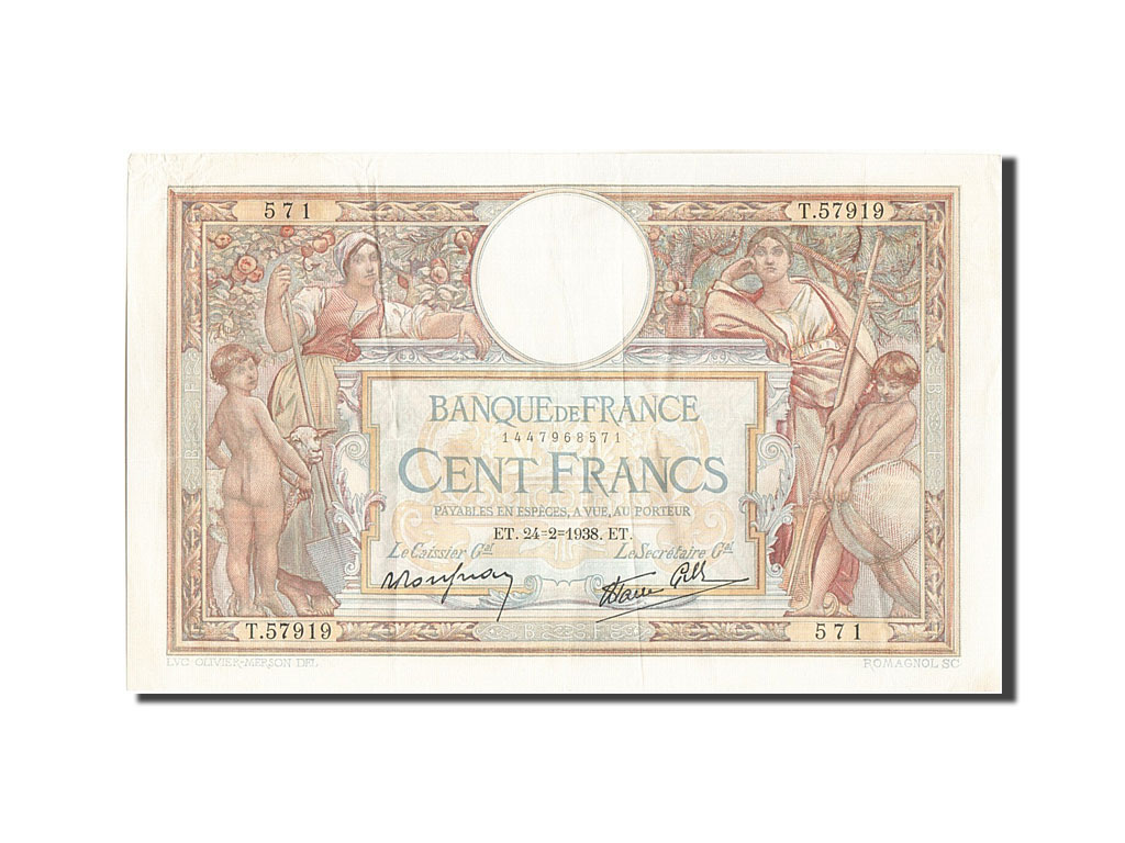 Banknote, France, 100 Francs, 100 F 1908-1939 ''Luc Olivier Merson'', 1938