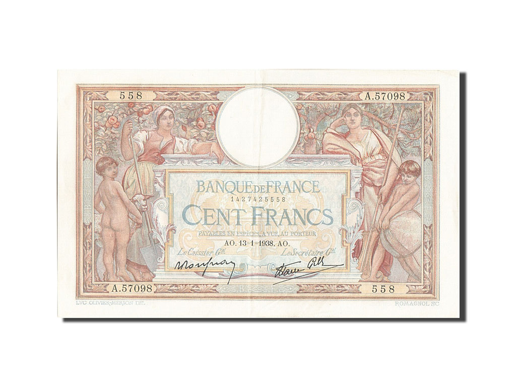Banknote, France, 100 Francs, 100 F 1908-1939 ''Luc Olivier Merson'', 1938