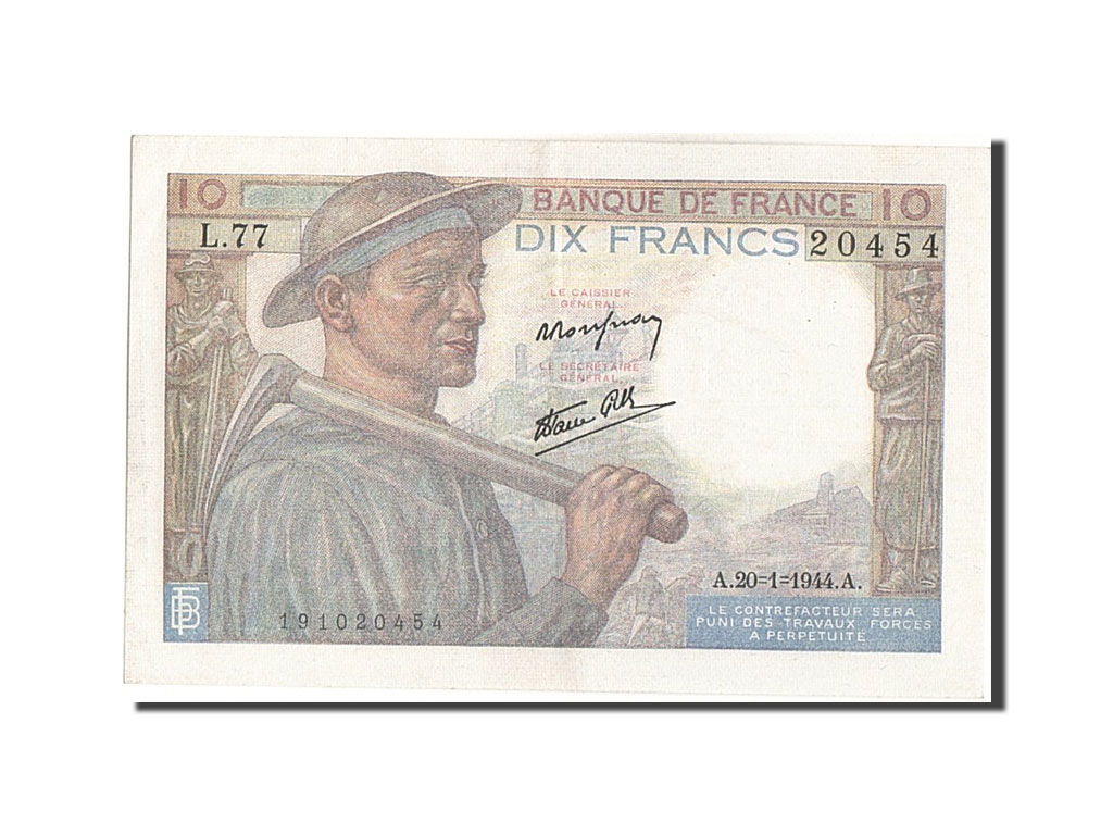 Banknote, France, 10 Francs, 10 F 1941-1949 ''Mineur'', 1944, 1944-01-20