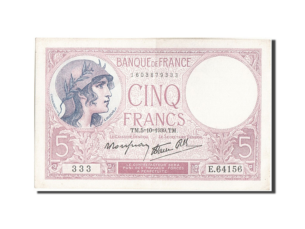 Banknote, France, 5 Francs, 5 F 1917-1940 ''Violet'', 1939, 1939-10-05