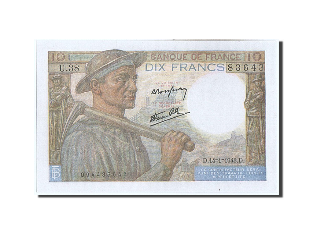 Banknote, France, 10 Francs, 10 F 1941-1949 ''Mineur'', 1943, 1943-01-14