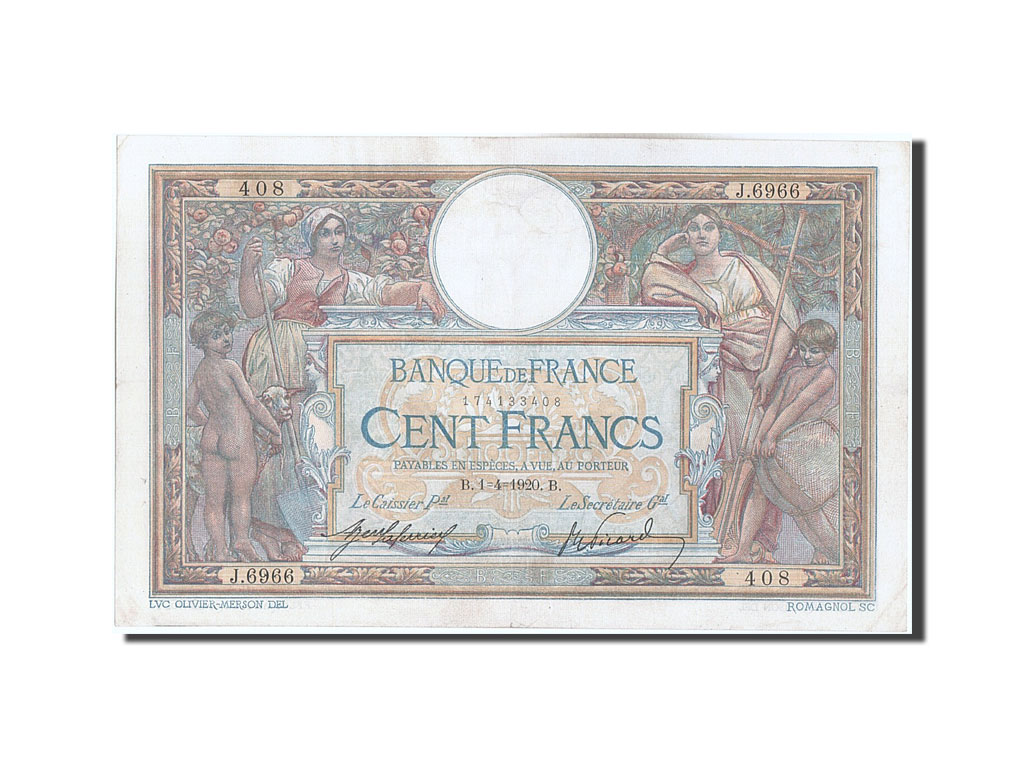 Banknote, France, 100 Francs, 100 F 1908-1939 ''Luc Olivier Merson'', 1920